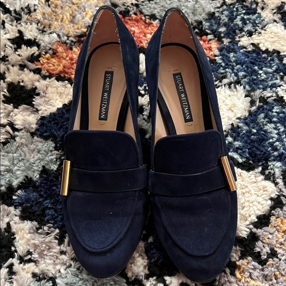 Stuart Weitzman Dark Blue Block Heels with Gold Detail